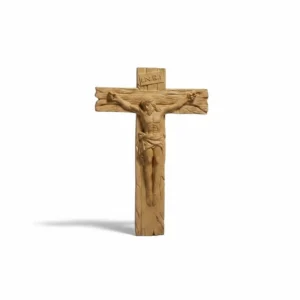 Rustic carved wooden crucifix with Jesus Christ figure and INRI inscription.