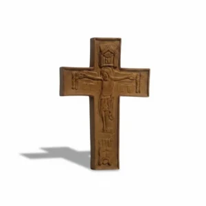 Detailed bronze crucifix featuring Christ crucified in relief.